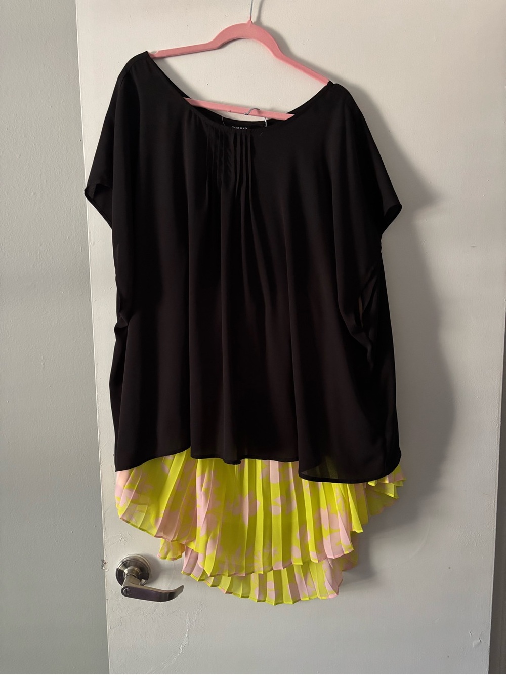 torrid Black Top with Neon Yellow and Neon Pink Pleated High-Low Hem